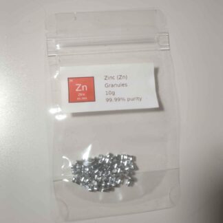 Pure zinc, element 30, purity of 99.99%. Labeled bags, 10g+