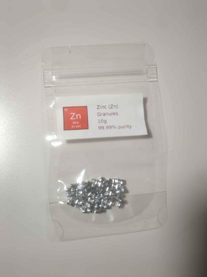 Pure zinc, element 30, purity of 99.99%. Labeled bags, 10g+
