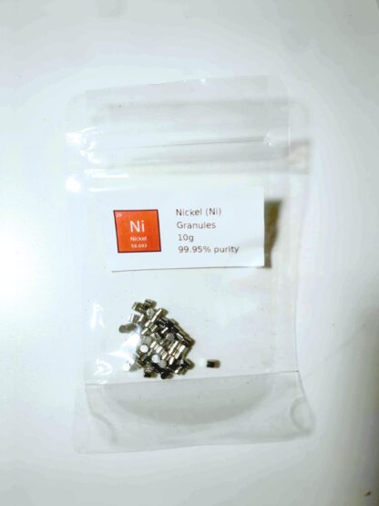 Pure nickel, element 28, purity of 99.95%. Labeled bags, 10g+